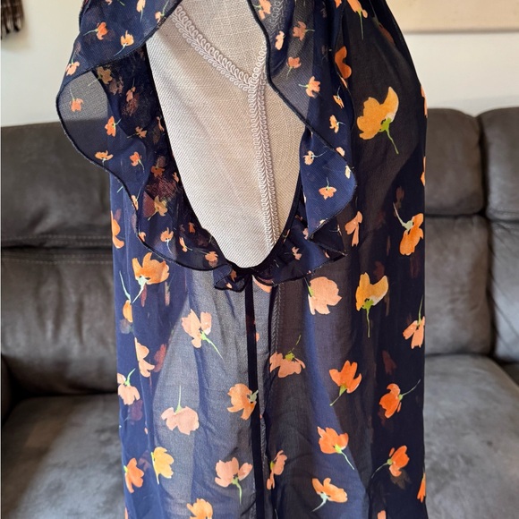 CAbi Sunset Kiss Navy Floral Sheer Blouse with Ruffle Sleeves- Medium - Picture 4 of 7